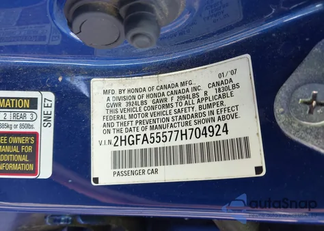 2007 Honda Civic Si from USA, damaged, VIN 2HGFA55577H704924